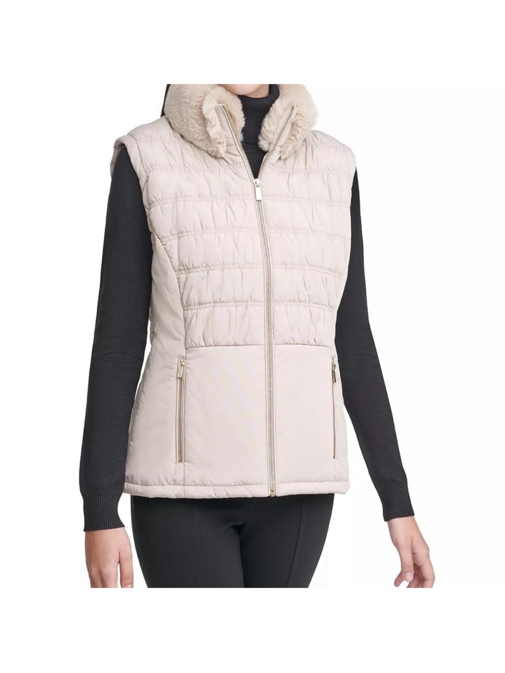 Calvin Klein Women's Cream Quilted Faux-Fur Collar Puffer Vest